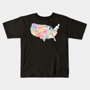 Colorful mandala art map of the United States of America on white background Kids T-Shirt